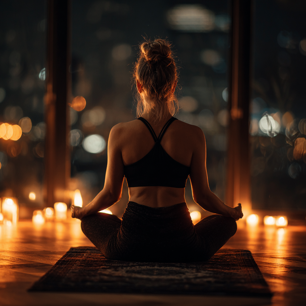 Group of smiling Romanian adults in their 30s and 40s practicing mindful yoga breathing exercises in a peaceful indoor space with natural lighting