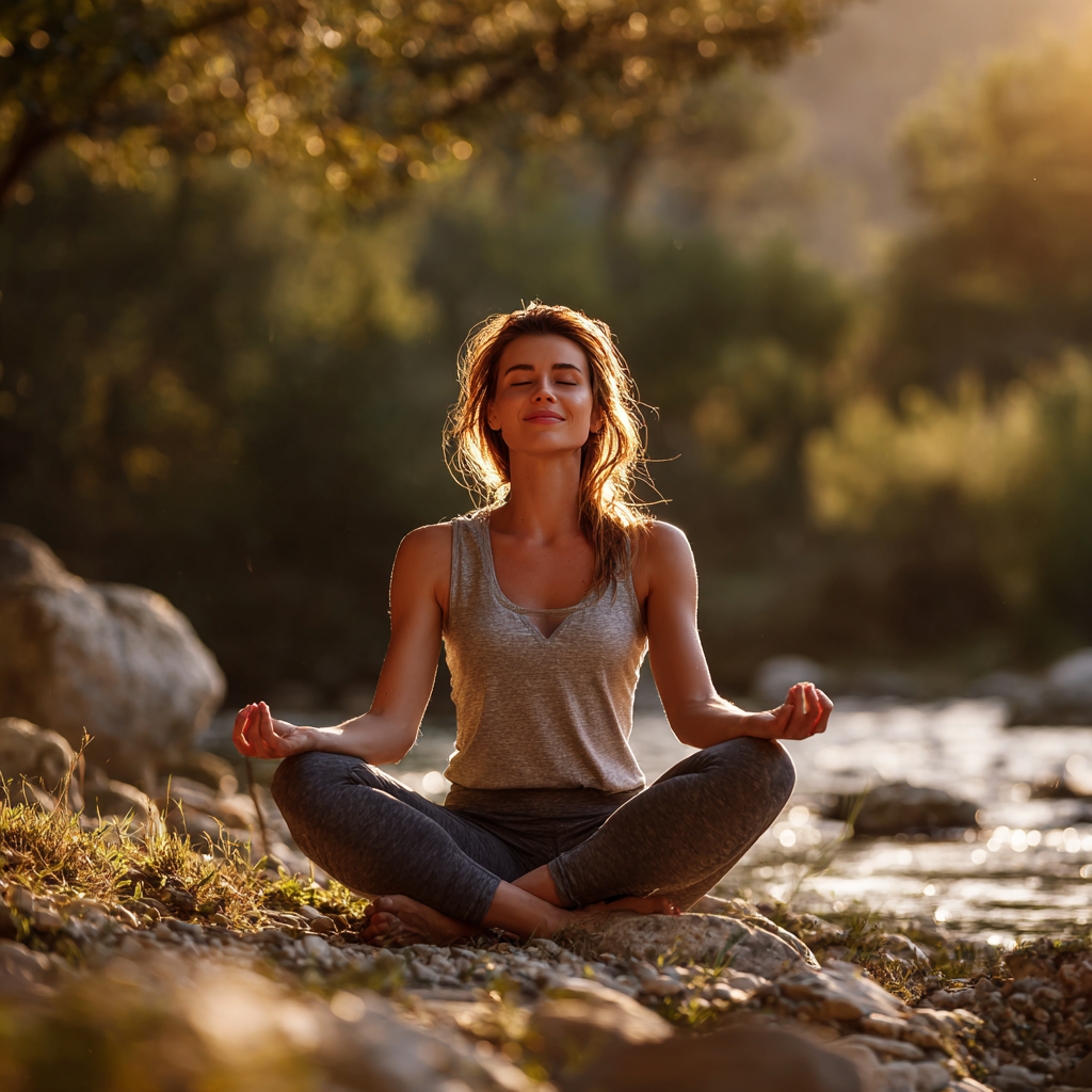 Peaceful scene of Romanian adults in their 40s and 50s doing restorative yoga poses with props, showing relaxation and recovery in a calming environment